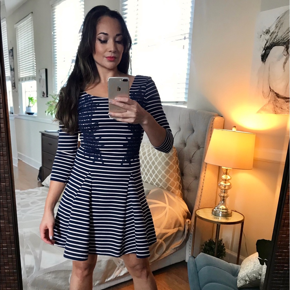 Free People Navy Blue & White Striped A-line Dress